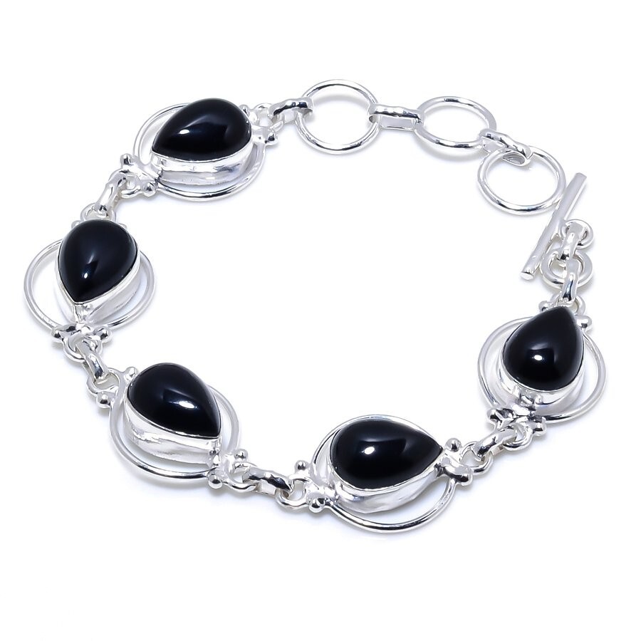 Black Onyx Gemstone Handmade 925 Sterling Silver Jewelry Bracelet Sz 7-8″