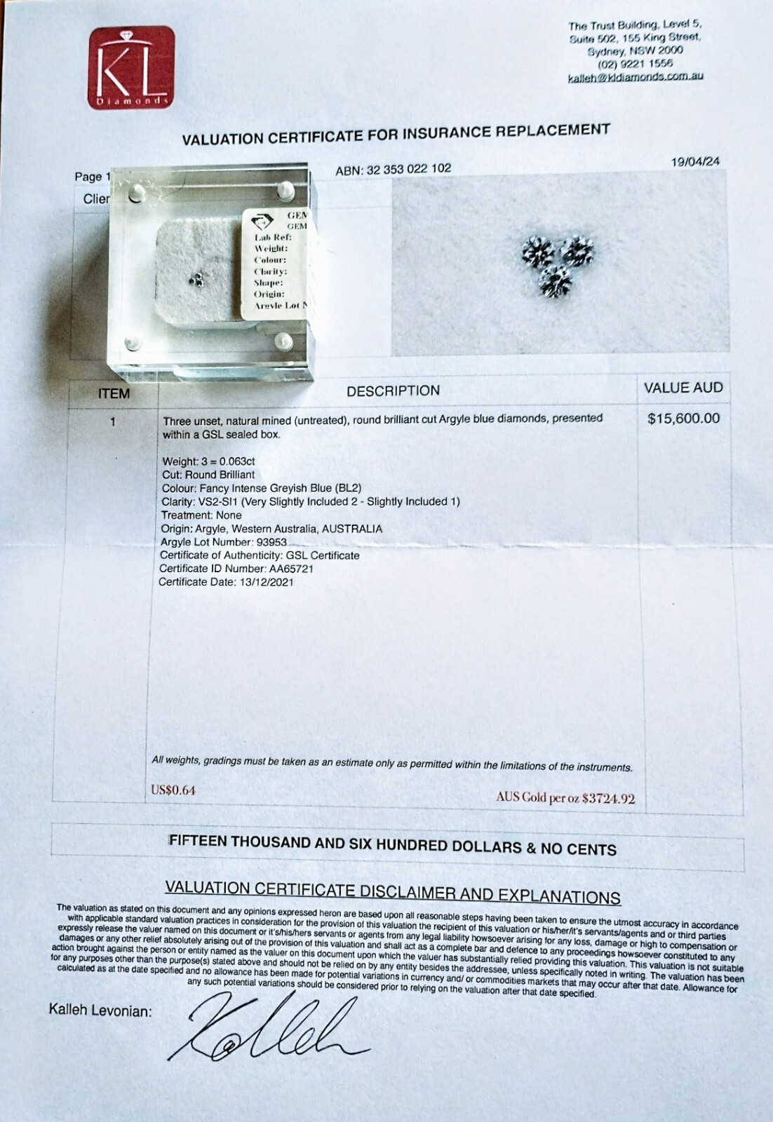 Blue Argyle Loose Diamonds 0.063ct BL2 Complete With Valuation Certificate