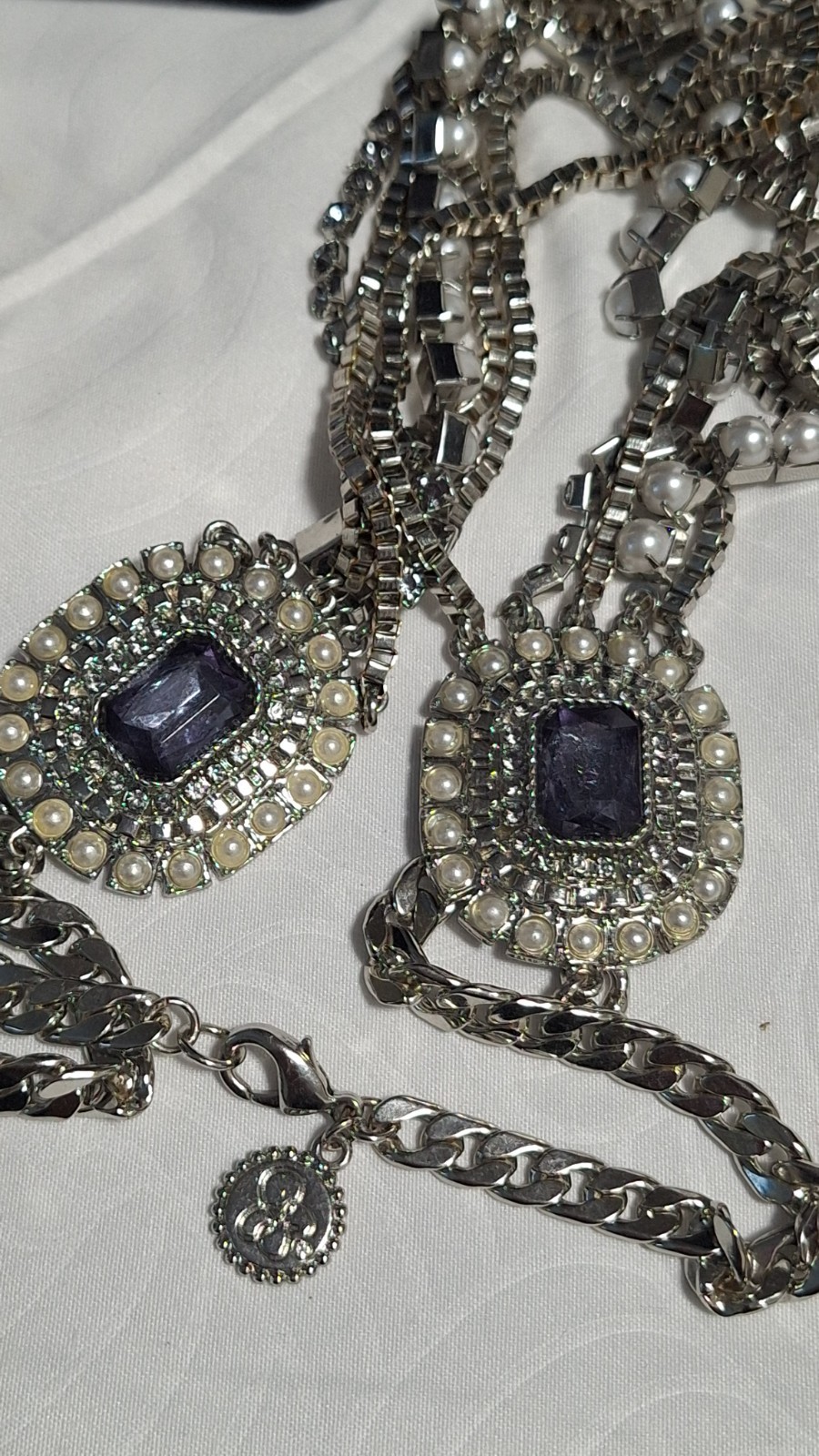 Silver Tone Layered Cable Chain Necklace Blue Rectangle Crystal Faux Pearl