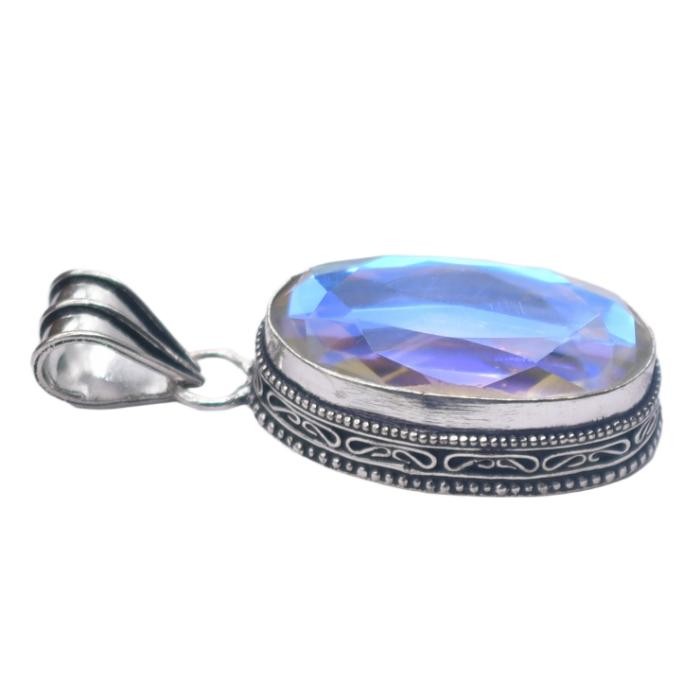 Mystic Topaz Hydro Gemstone Antique Silver Plated Pendant 2″ J 2136