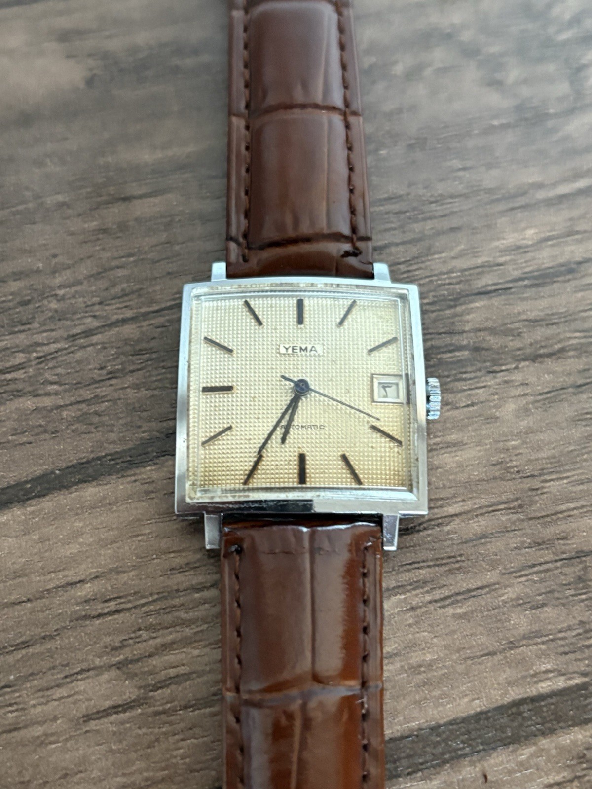 Vintage Yema Automatic Arabic Date Textured Dial Square 29mm Swiss
