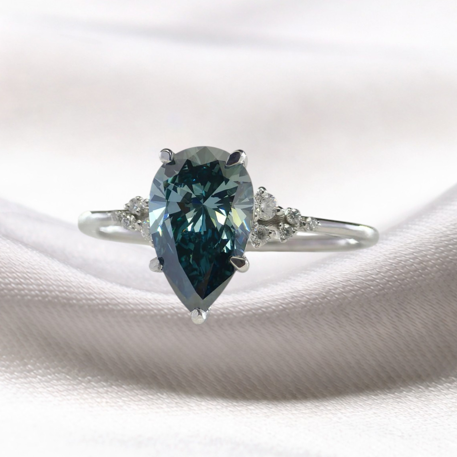 18K White Gold Fancy Intense Blue 2.15 CT Pear Cut Lab Grown Diamond Women Ring