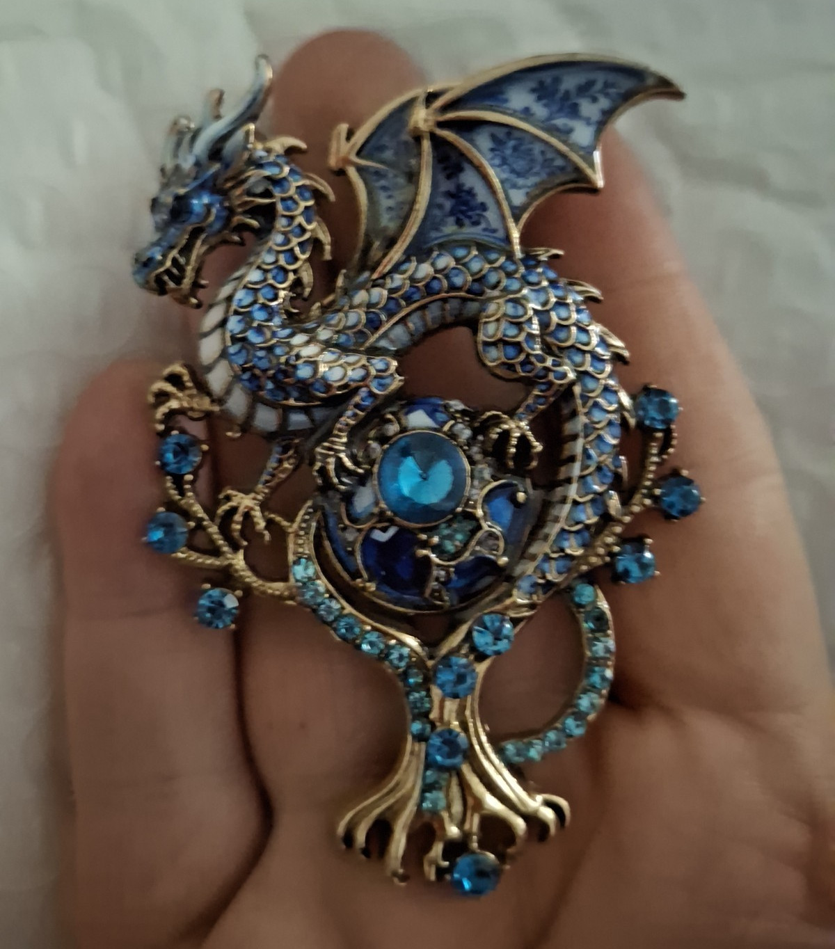 Dragon Brooch Pin Gold Tone Blue Enamel Blue Round Rhinestone Pavé