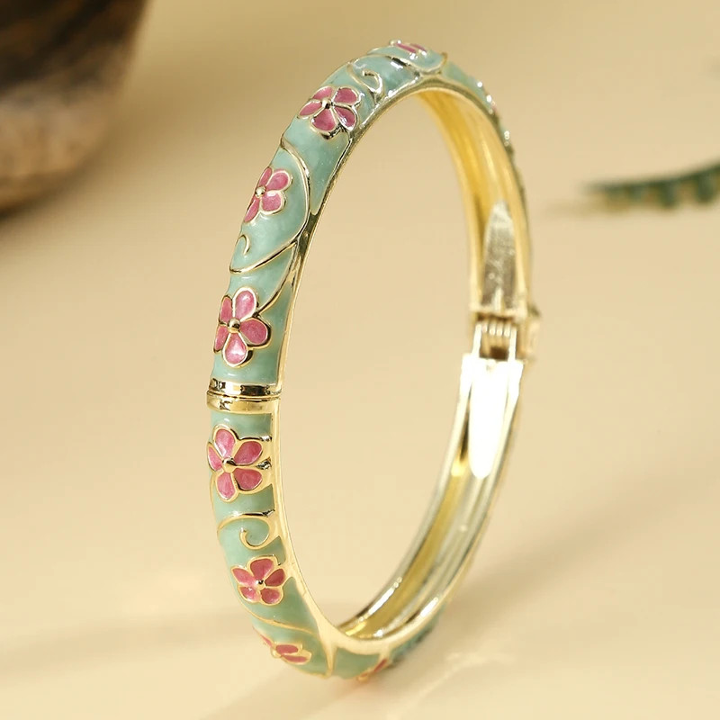 Flower Pattern Enamel Cloisonne Bracelet for Women Retro Gold Color Plated Bangl