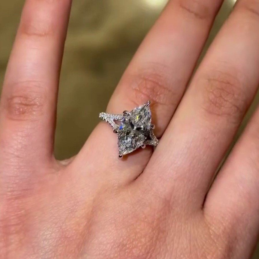 3.0Ctw Marquise Cut Moissanite Split Shank Engagement Ring 14K White Gold Plated