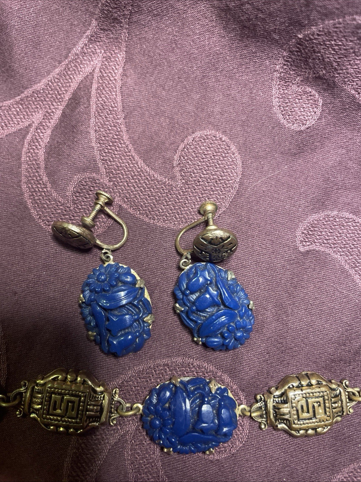 Antique Art Deco Blue Molded Glass Bracelet Screw Earrings Egypt Gold Tone Set