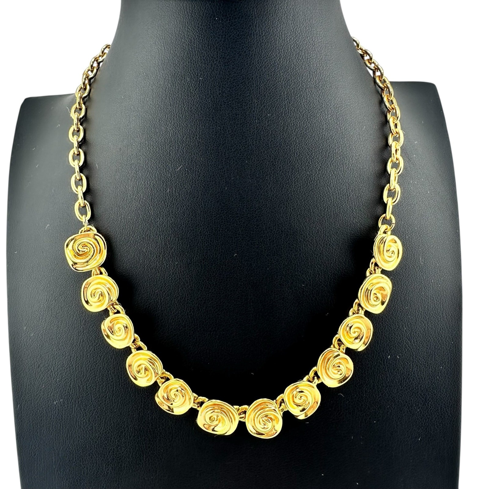 Modernist Contemporary Abstract Rose Swirls Gold Tone 19″ Statement Necklace