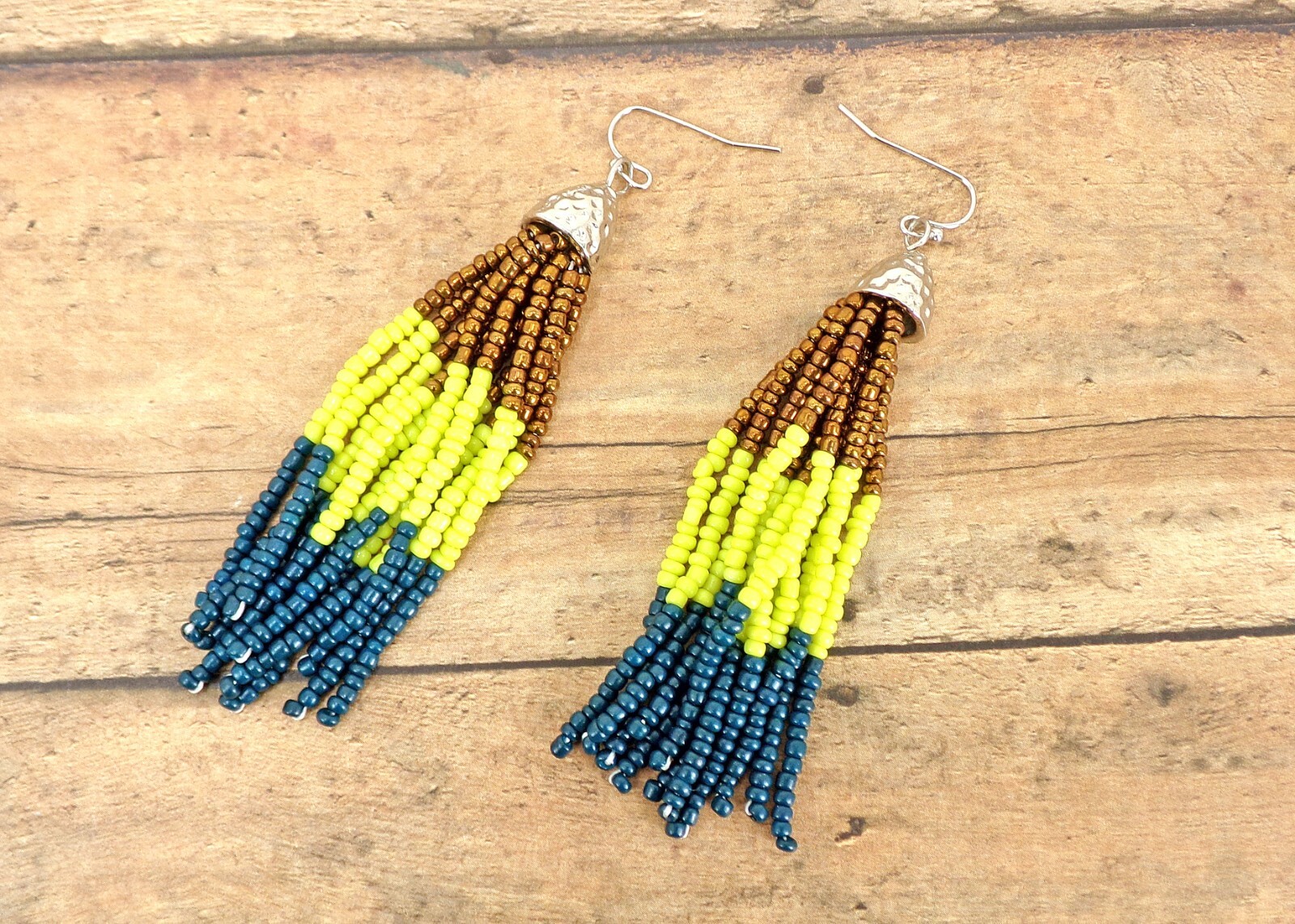 Multi color seed bead necklace and earring set in brown, yellow, blue, beige NEW