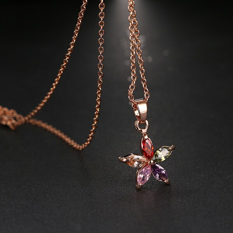 ZARD Flower Motif Pendant in Marquise-Cut Multicolor CZ and Rose-Gold Necklace