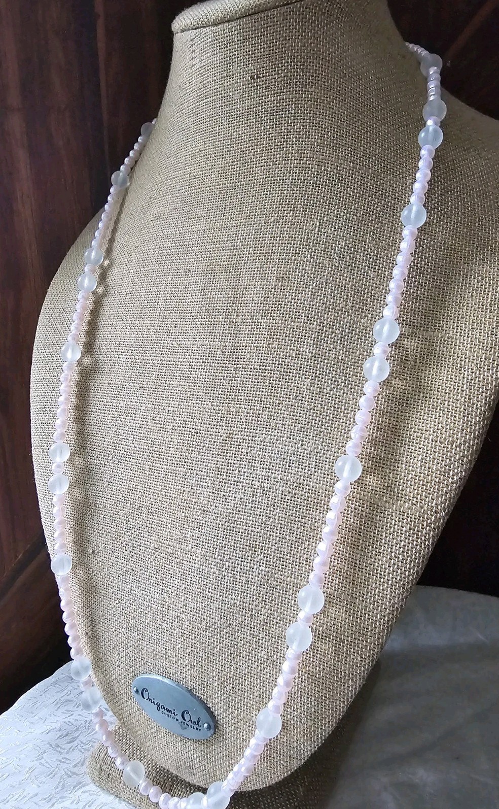 Monet Pink Faux Pearl 5.7mm & Translucent 9.7mm Bead Necklace 36″ Signed Vtg