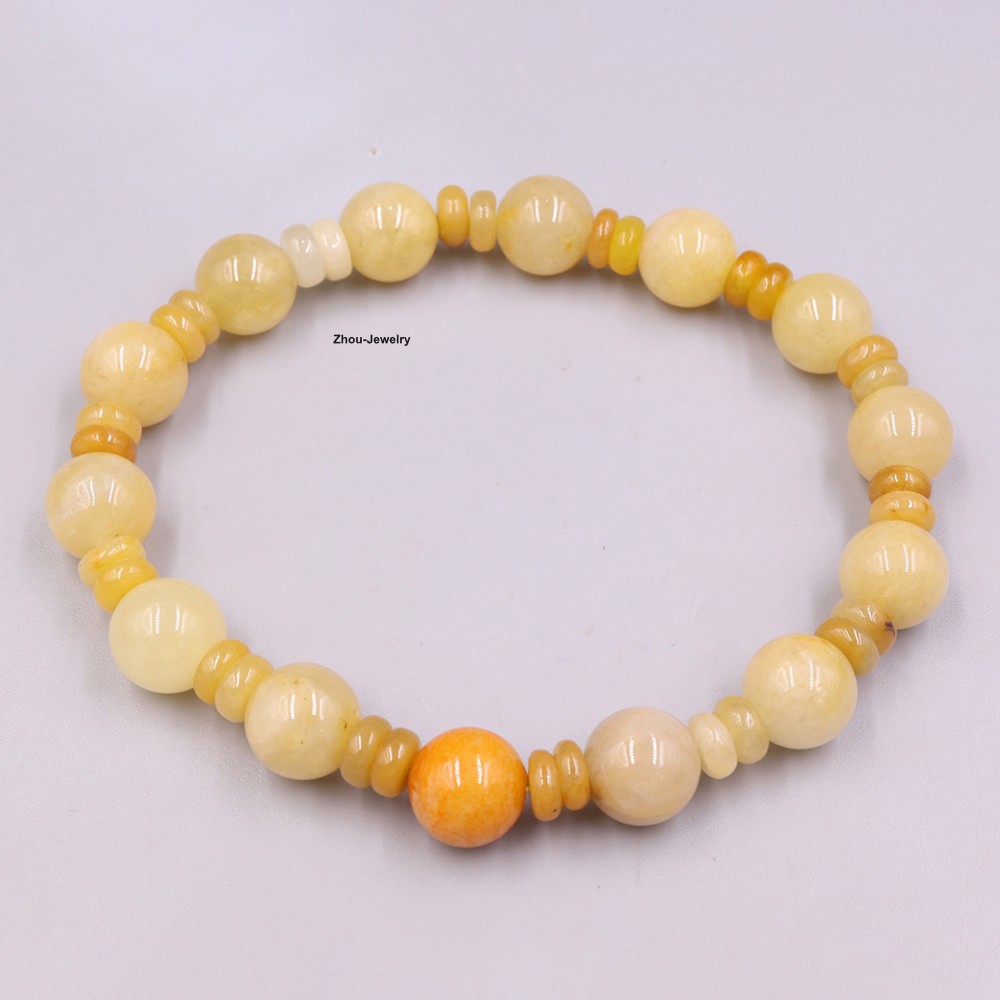 Natural Chinese Yellow Jade 10mm Bead Handmade Elastic Bracelet For Women