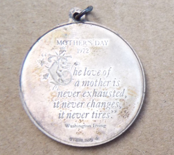Mother’s Day 1972 Sterling Silver Medallion Beautiful Quote by Washington Irving