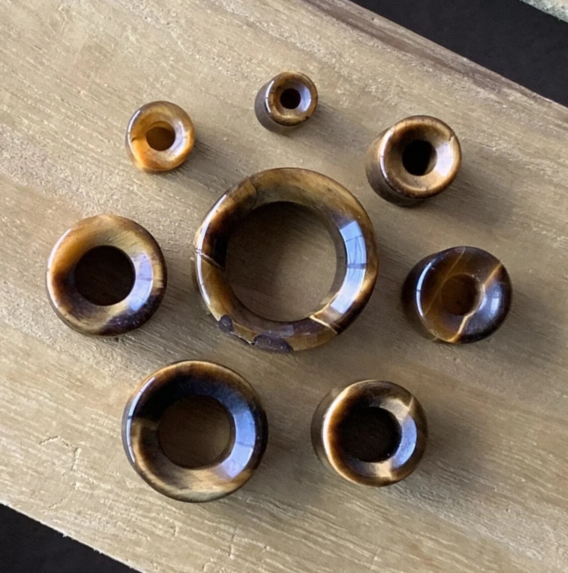 PAIR Tiger Eye Organic Stone Tunnels Double Flare Plugs Earlets Gauges