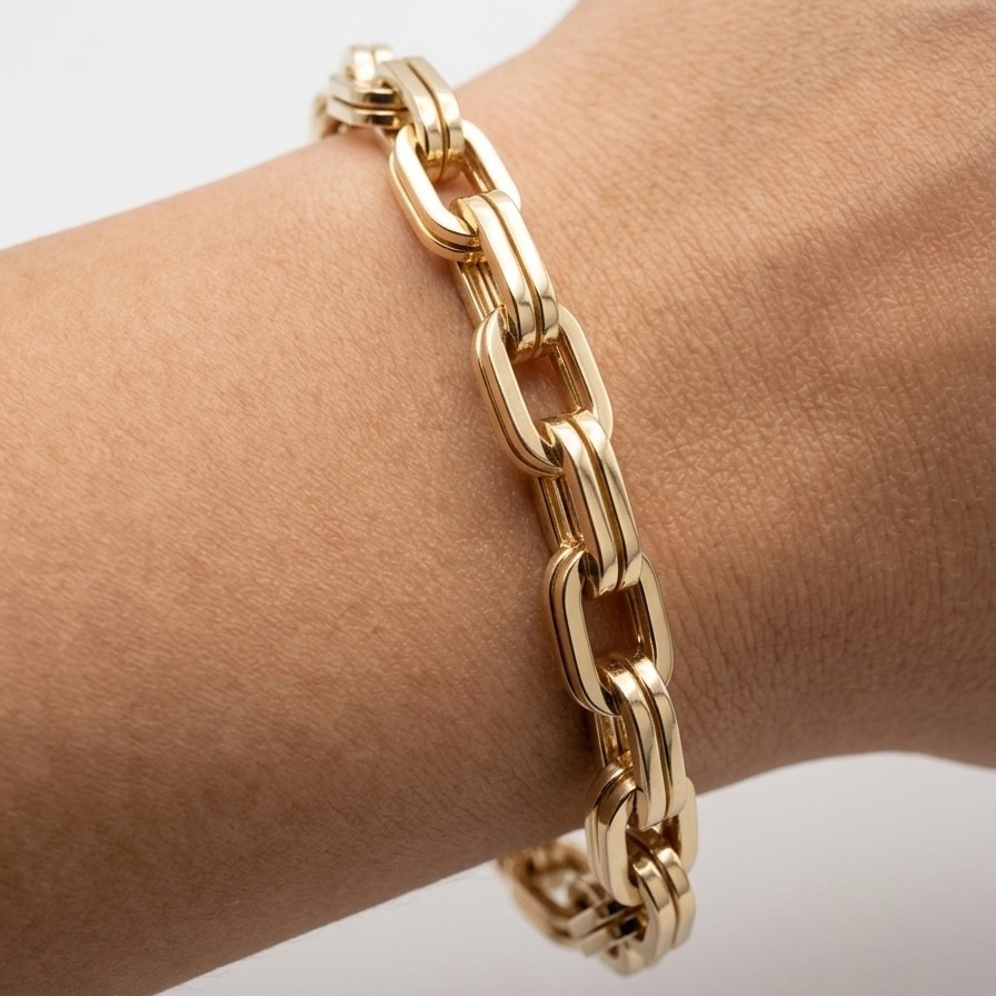 14K Yellow Gold Plated 925 Sterling Silver Double Oval Paperclip Bracelet 7.75″