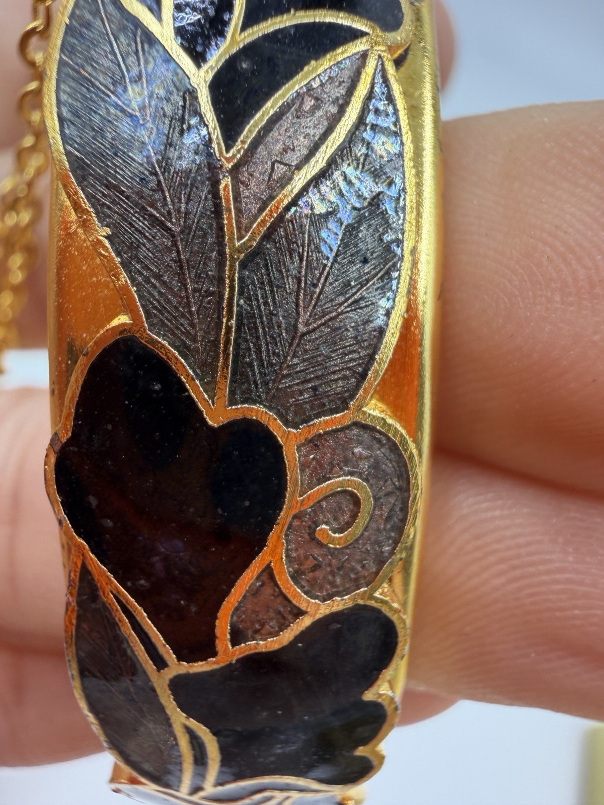 Vintage Bracelet Bangle Enamel Blue Floral Abstract Purple Hinged Push Lock