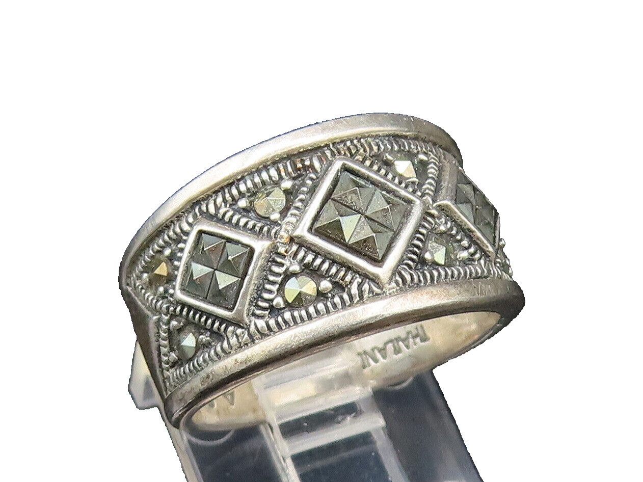 925 Silver Vintage Marcasite Diamond Shape Pattern Band Ring Sz 7 RG25563