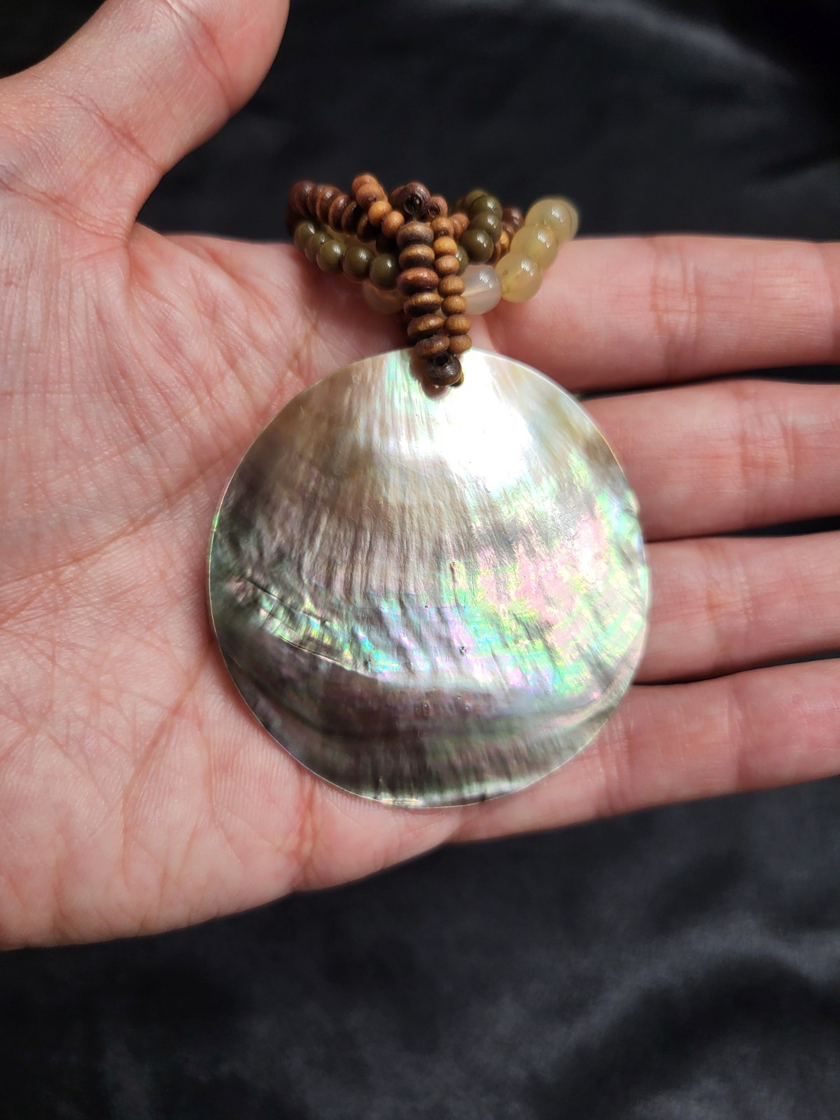Boho Multi Strand Wood Beaded Necklace Iridescent Mother of Pearl Shell Pendant