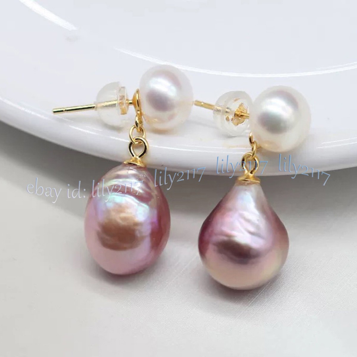 Natural Freshwater White Pearl Pink Purple Baroque Pearl Dangle Stud Earrings