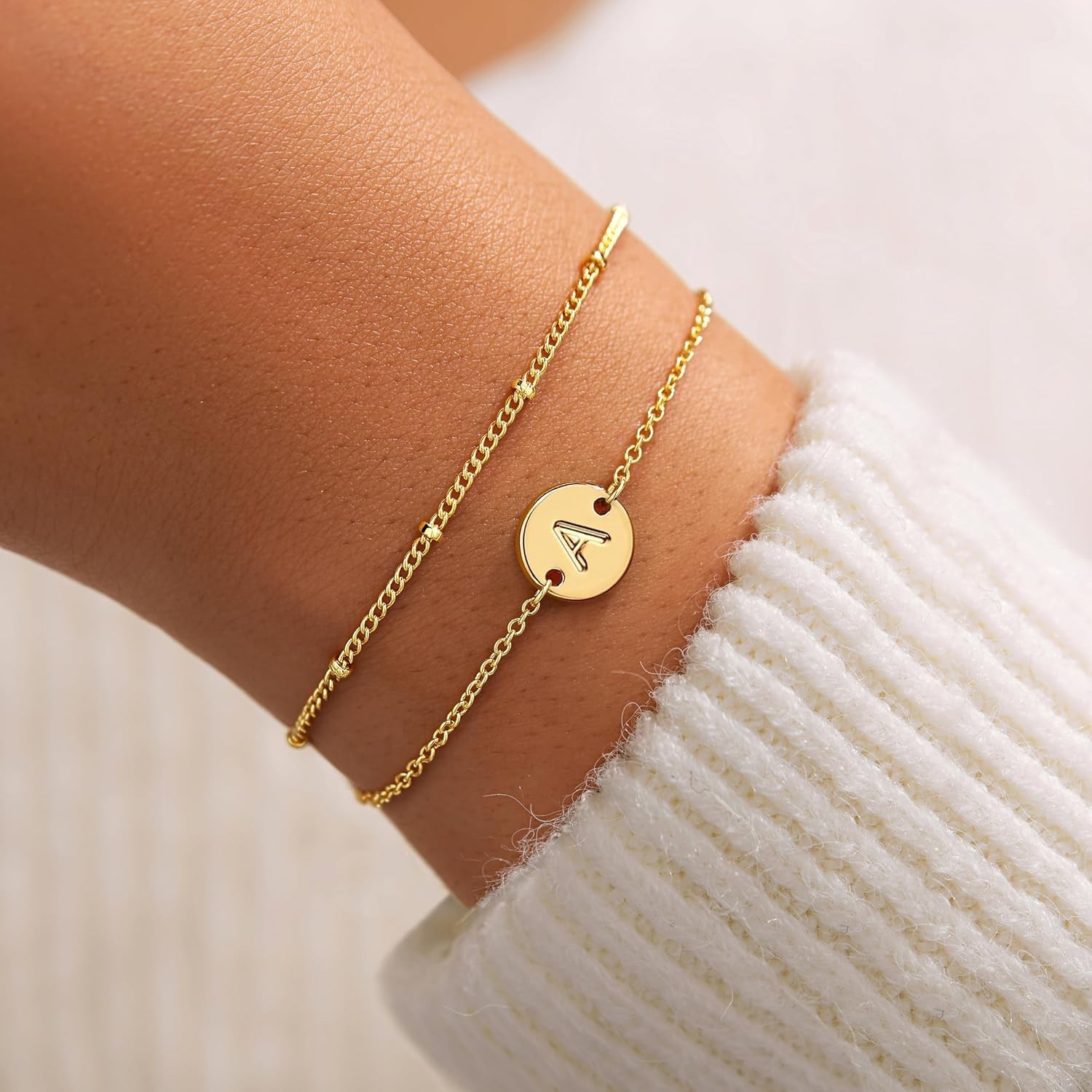 Personalized Gold Initial Bracelets for Women – Dainty 14K Gold Plated Layere…