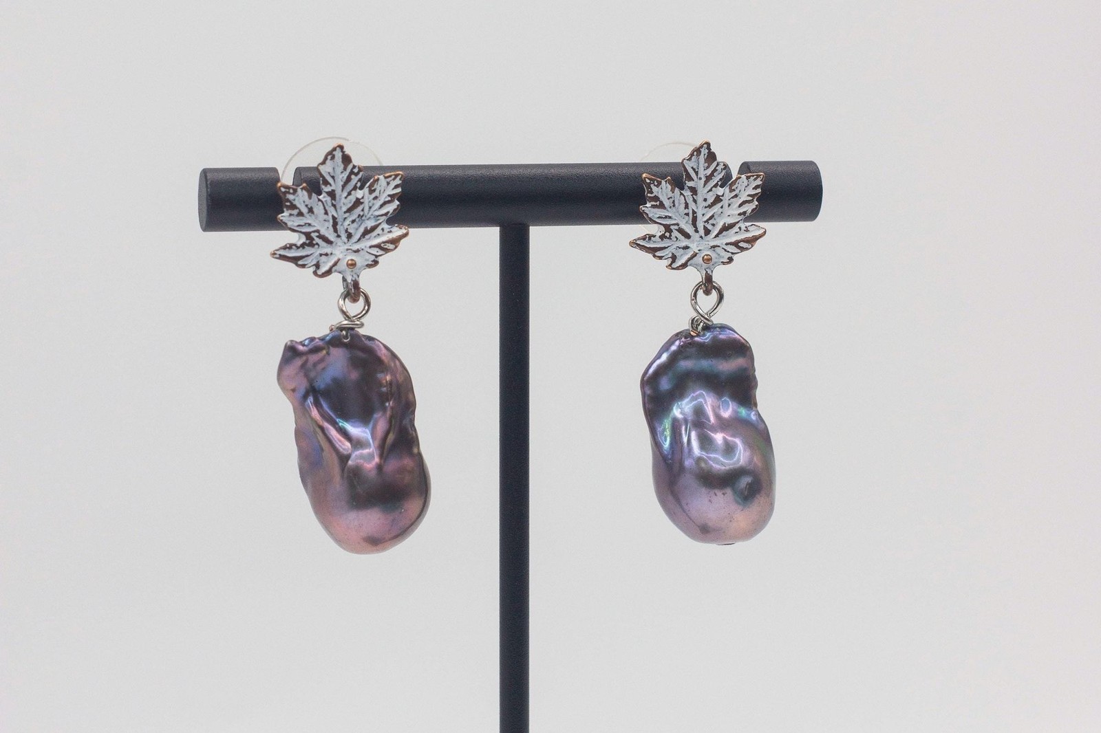 12mm Black Peacock Baroque Pearl Leaf Stud Earrings White Patina Bronze Handmade