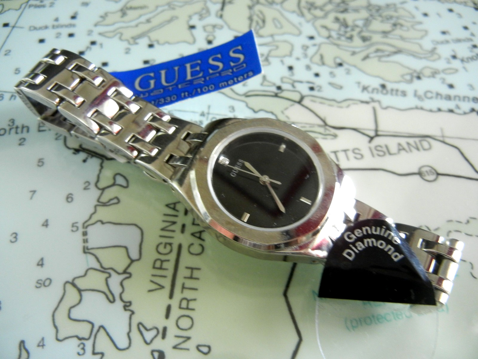 NEW GUESS WaterPro Genuine Diamond 10ATM Black Dial Ladies Dive Watch MINT!!!