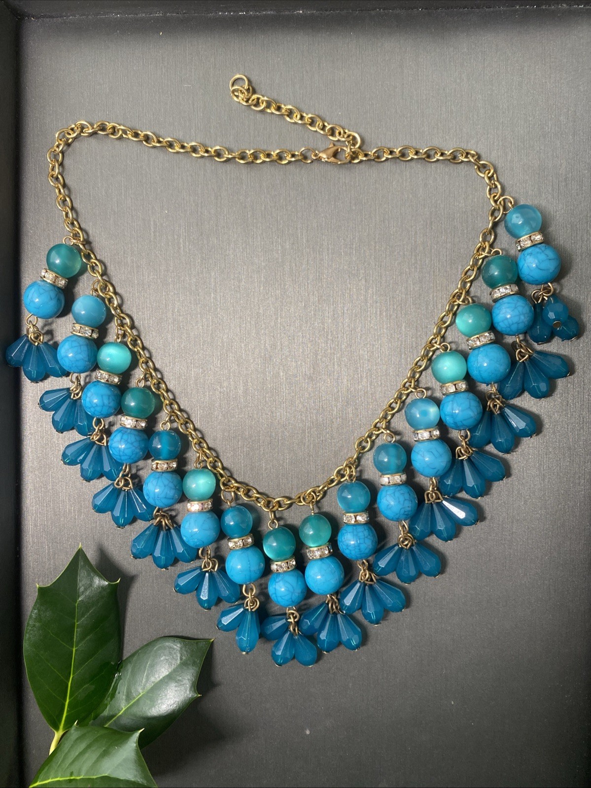Vintage Blue Turquoise Lucite Bead Choker Necklace Statement Estate Jewelry