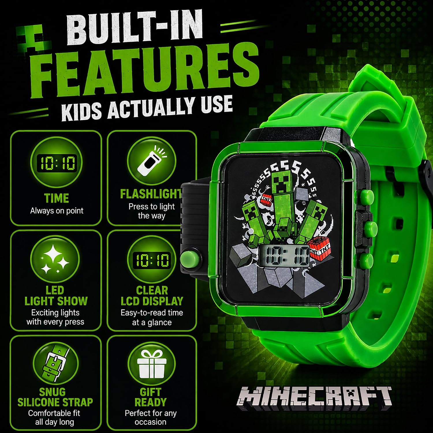 Minecraft Kids LCD Flashlight Watch with Creeper Graphic – Digital Display, Ligh