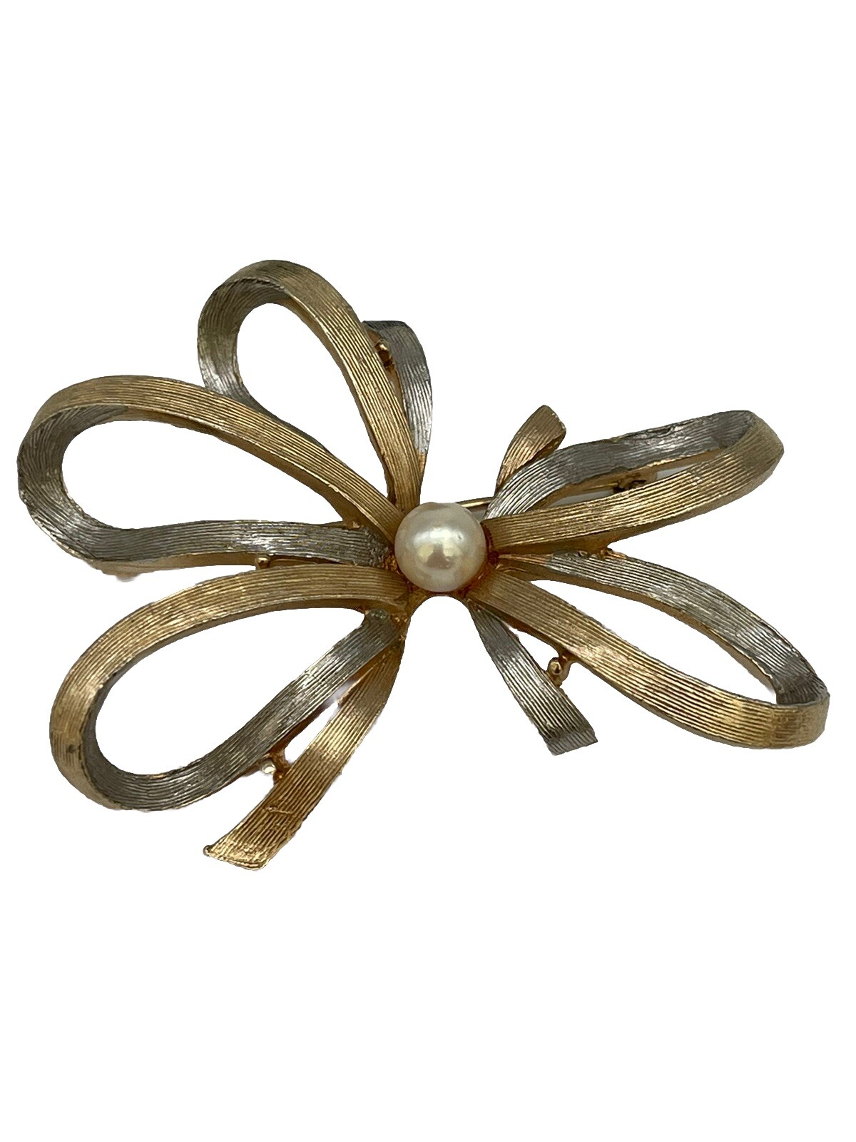 Vintage R. Mandle Faux Pearl Brushed Silver Gold Two Tone Pin Brooch Bow 2.5”