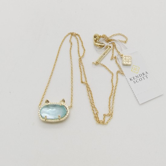 New Kendra Scott Elisa Gold Cat Kitty Pendant Necklace In Light Blue Illusion
