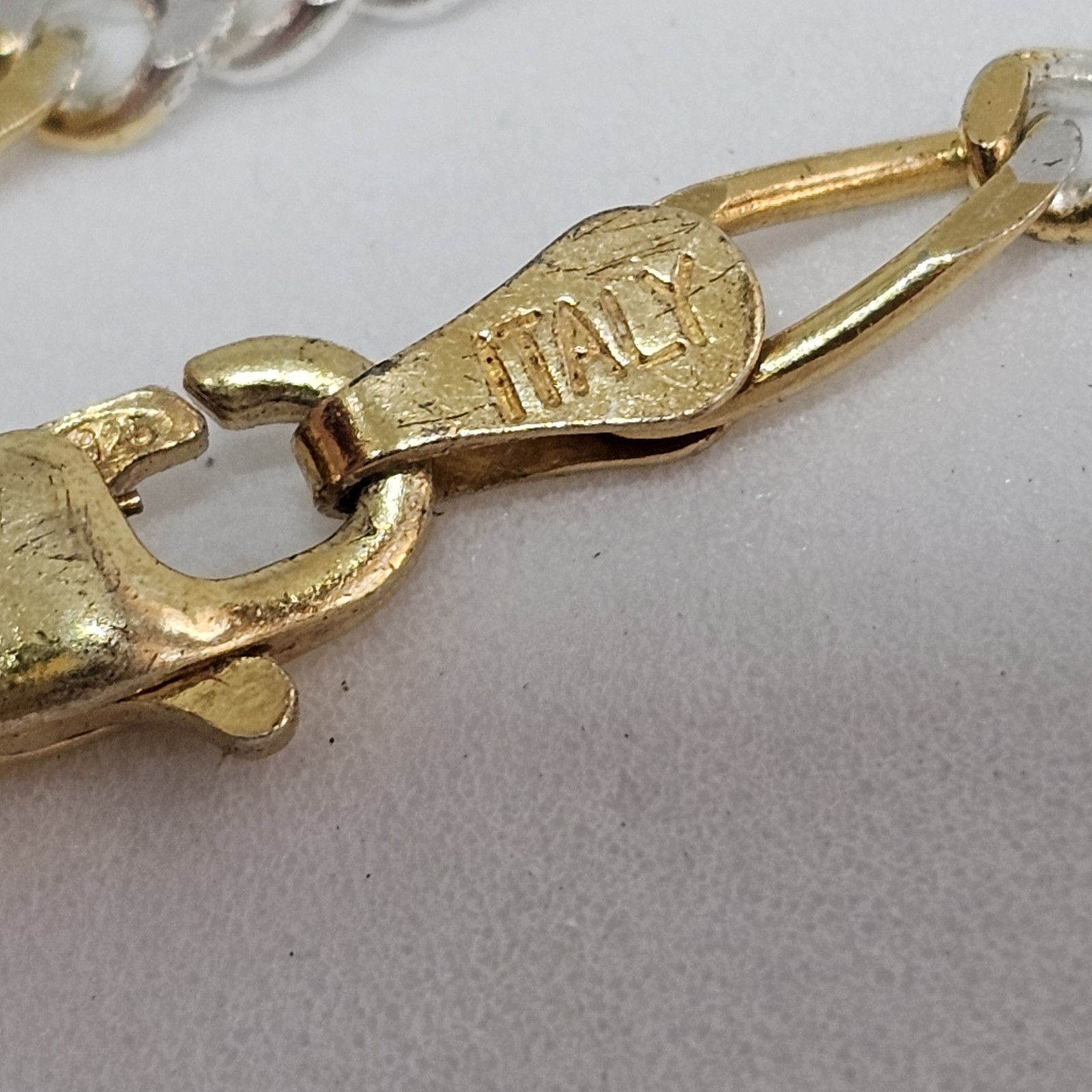 SU 925 Sterling Silver Vermeil Figaro Flat Link Chain Bracelet 7″ Long Italy