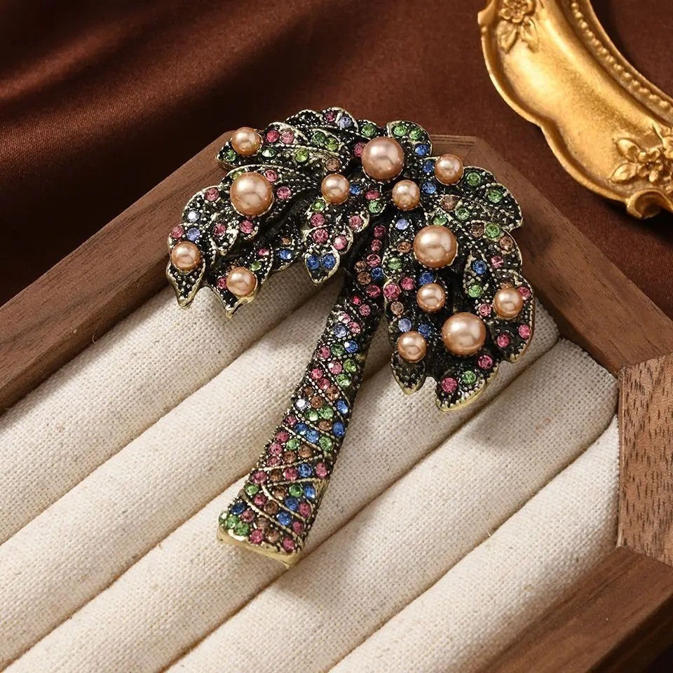 Baroque Palm Tree Brooch Crystal Rhinestone Coconut Pin Jewelry Gift Unisex