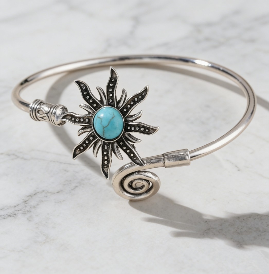 Retro Turquoise Inlay Sunflower Silver Plated Alloy Fashion Open Bracelet