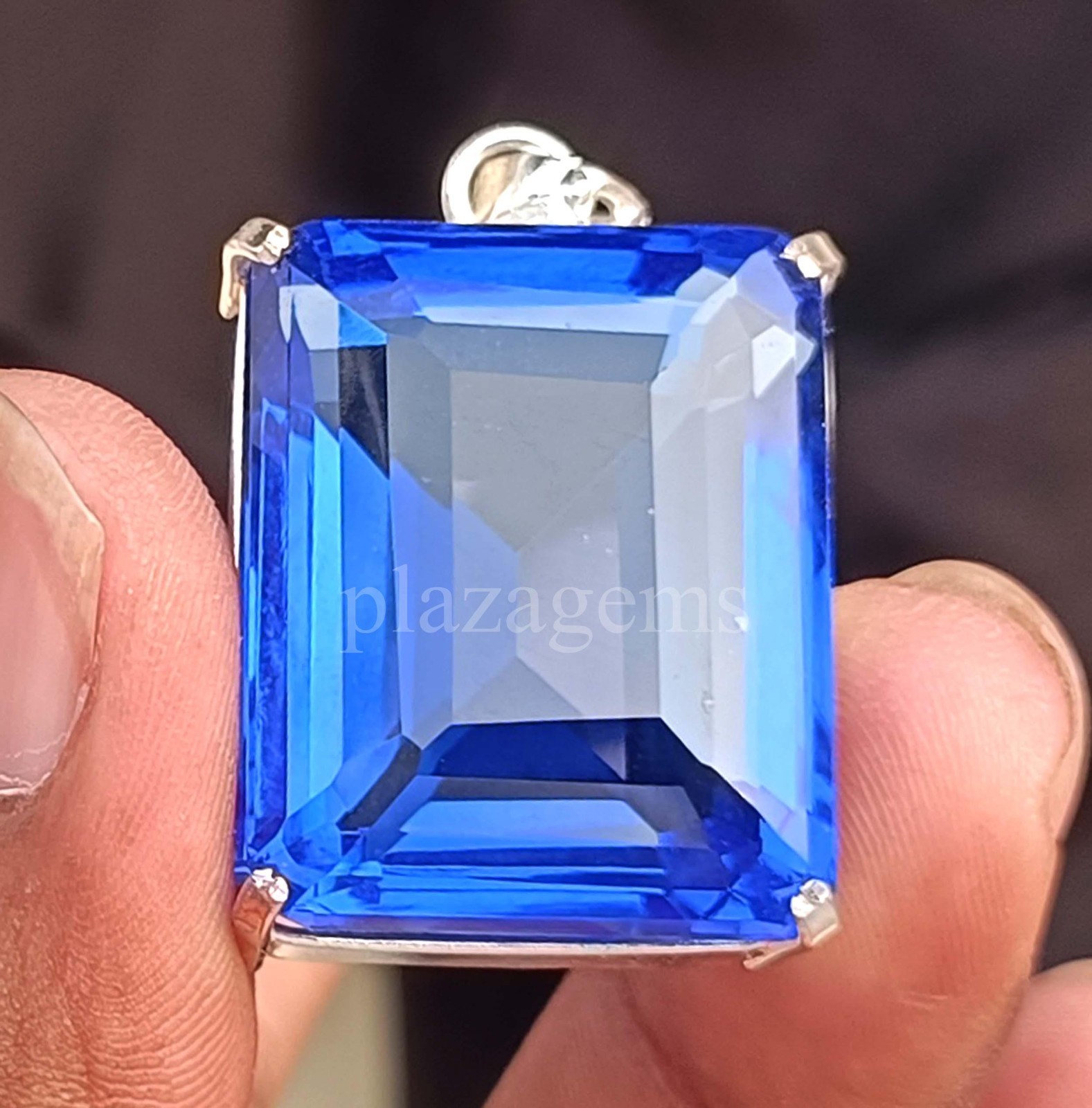 EGL Certified 97.75 Ct Blue Sapphire Emerald Cut Pendant 925 Silver Chain 5NSB