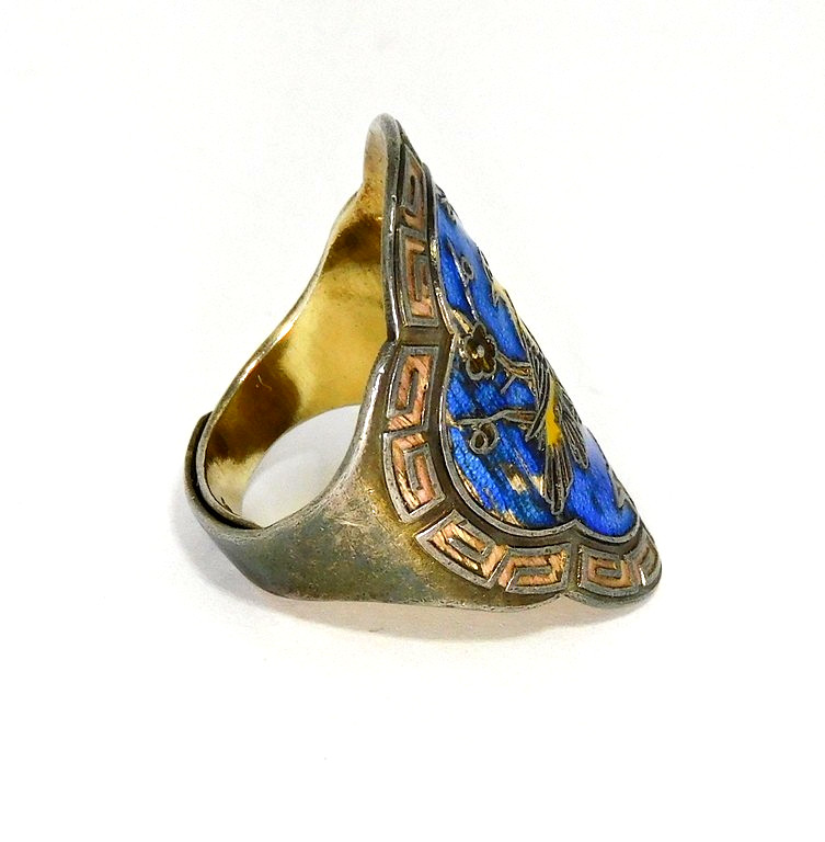 Vtg Chinese Export Sterling Silver Cloisonne Enamel Lovebirds Cigar Band Ring