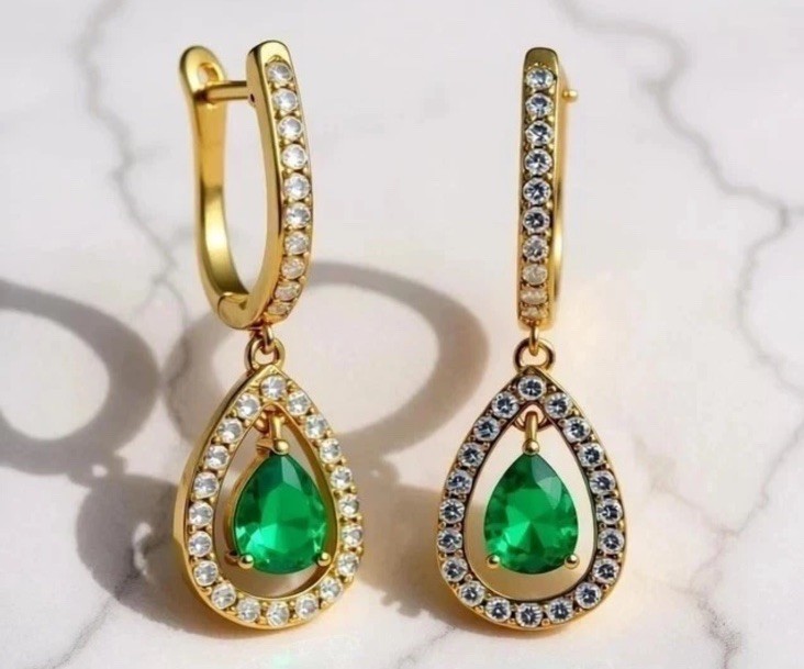 14k Solid Yellow Gold Natural Emerald Earrings Drop Dangle Emerald Earring