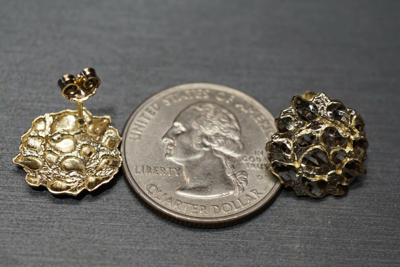10K Solid Yellow Gold 15MM Diamond Cut Round Nugget Stud Earrings.