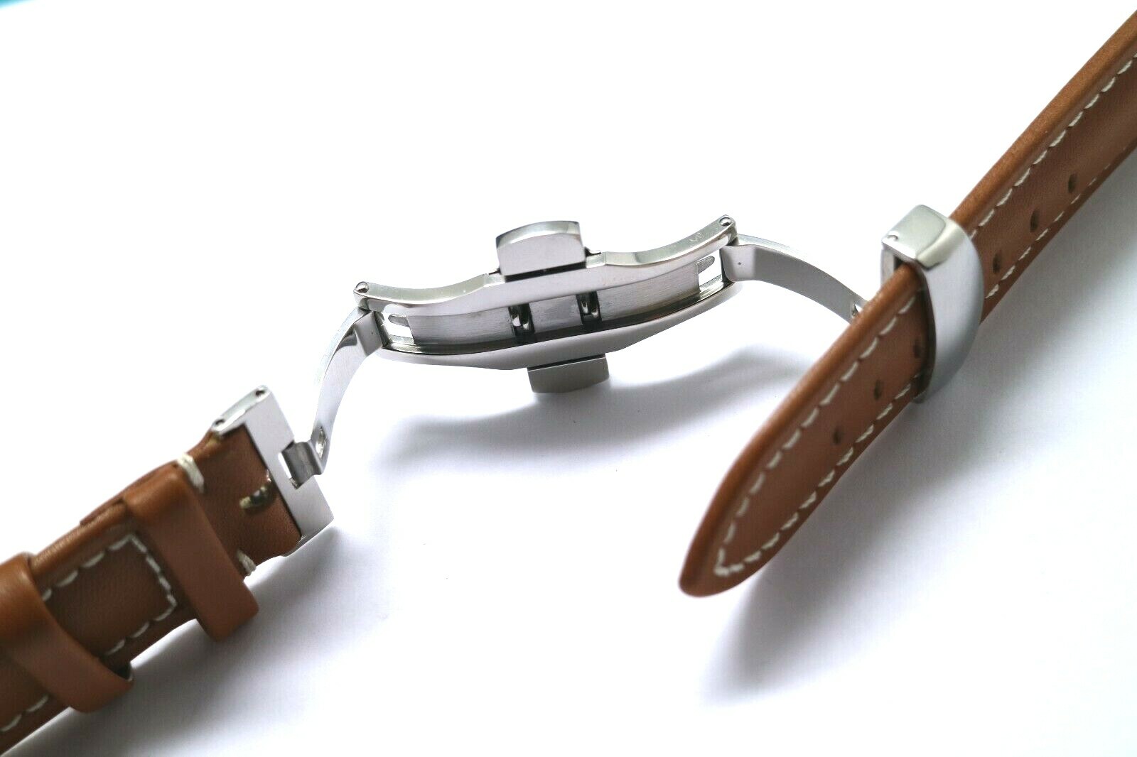 20mm 22mm Brown/White Genuine Leather Watch Band W/ Push Button Deployant Clasp
