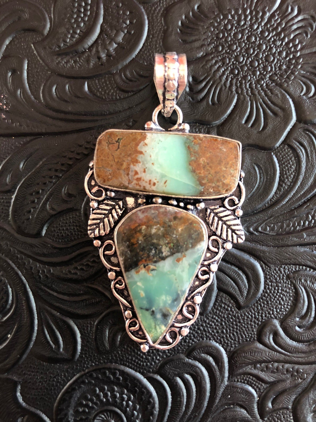 Green Boulder Chrysoprase Feather Totem Pendant 2.25” Happiness Stone