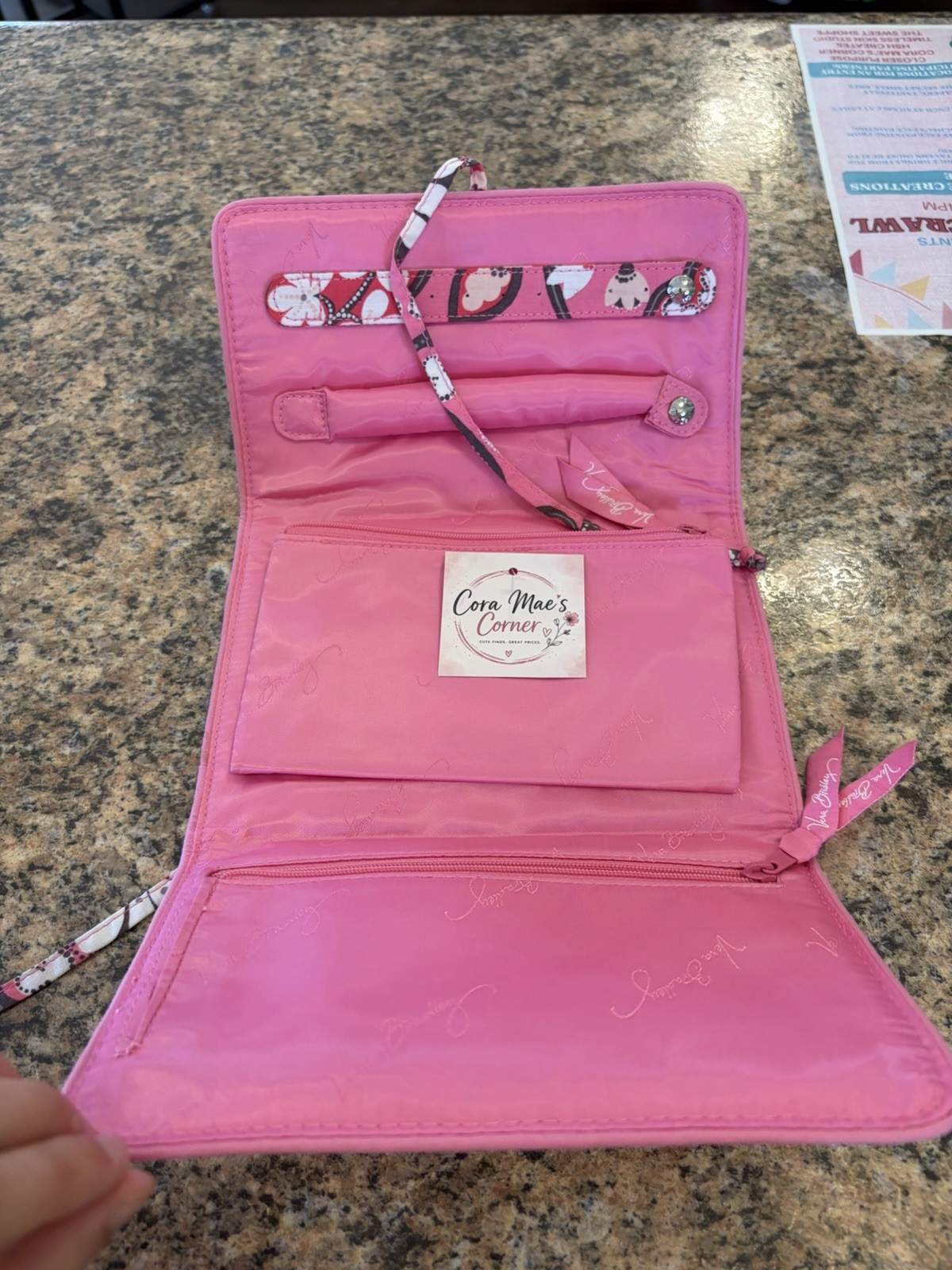 Vera Bradley Pink Floral Fabric Travel Jewelry Roll, Zipper, Lined, 3 Comp