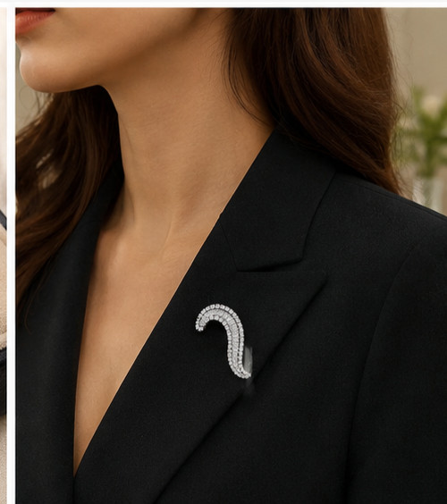 Elegant 3Ct Simulated Diamond Curved Wave Brooch Pin – 14K White Gold Plated