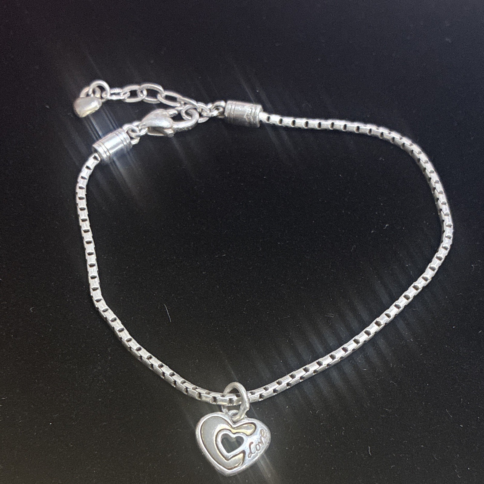 Silver Tone Box Chain Charm Bracelet Adjustable Lobster Heart Love Dangle