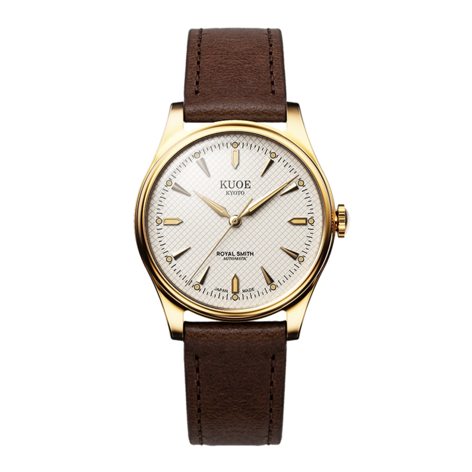 Kuoe Royal Smith 90-006 Automatic Gold Watch Men Ivory Waffle Dial Dark Brown