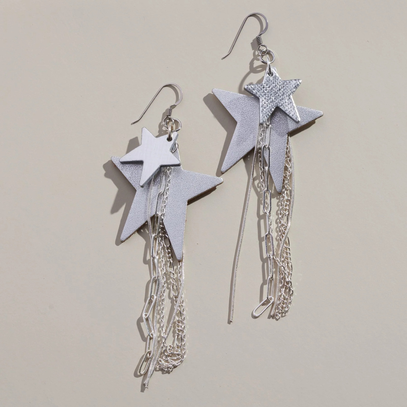 Silver Satin Zeppelin Star Fringe Earrings