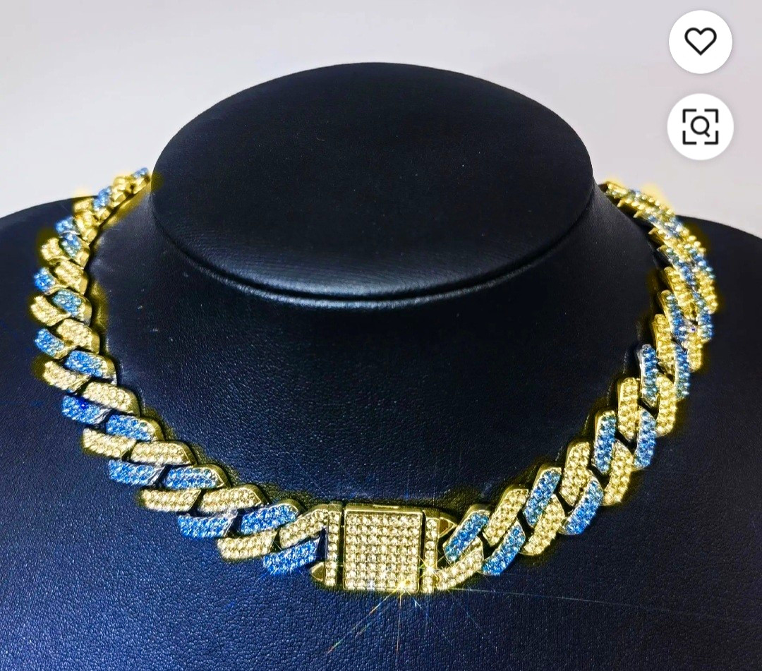 Iced Out Cuban Link Chain Necklace Blue Crystal Pavé Box Clasp