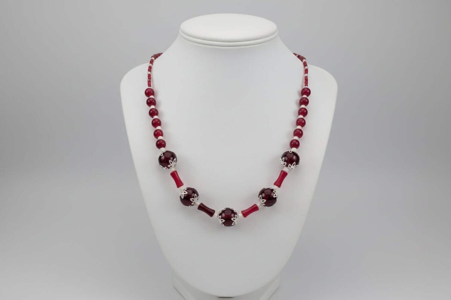 Burgundy Beaded Necklace for Women – 21.5″ Red Glass & Bamboo Tube Statement Nec