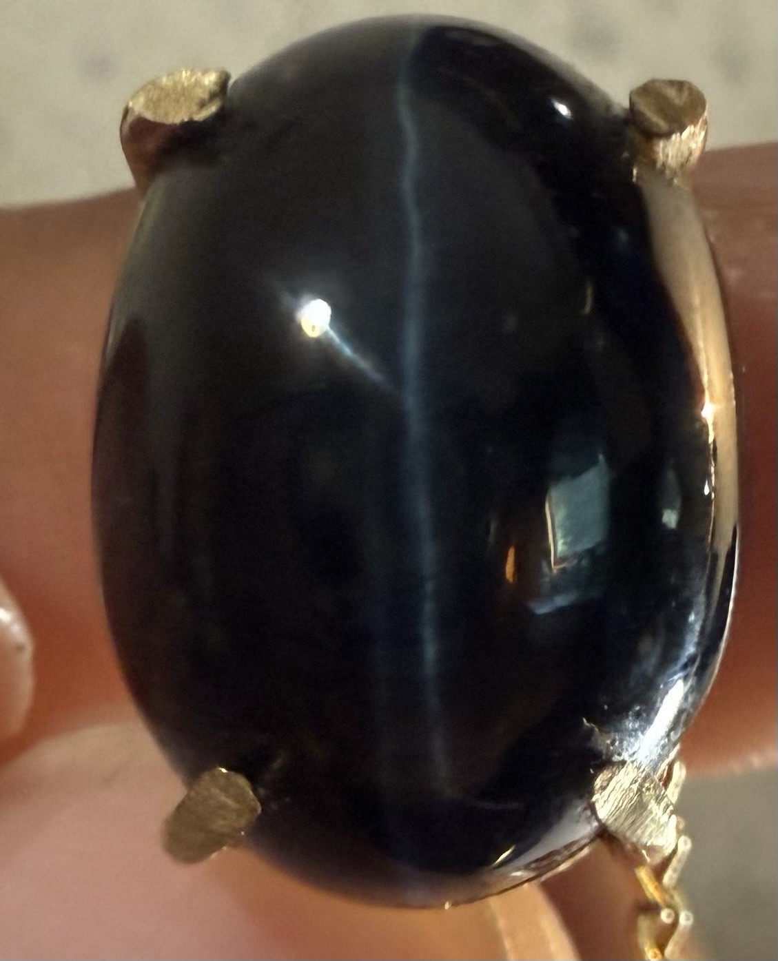 Men’s 1/5 10k Yellow Gold Tie Tack w/ Chain, Oval Black stars sapphire