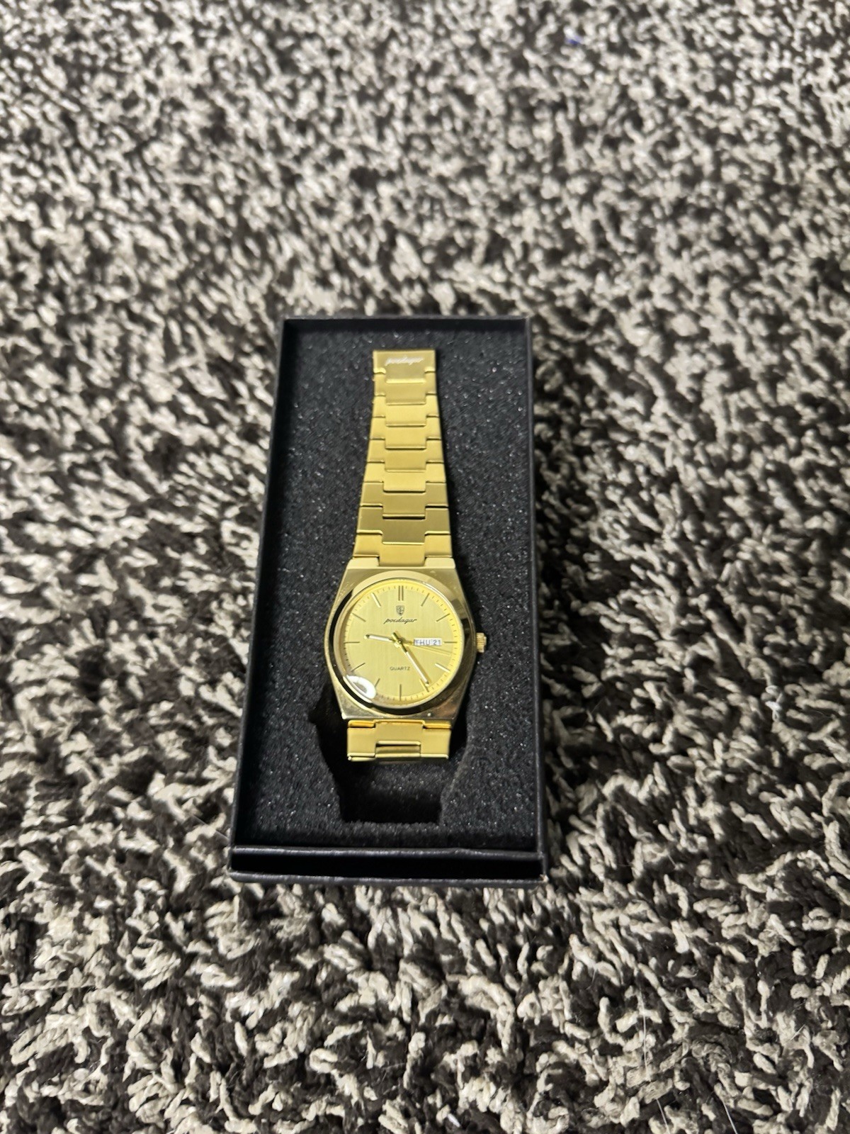 Prestige Quartz Analog Day/Date Gold Dial Stick Indices Bracelet Fixed Bezel
