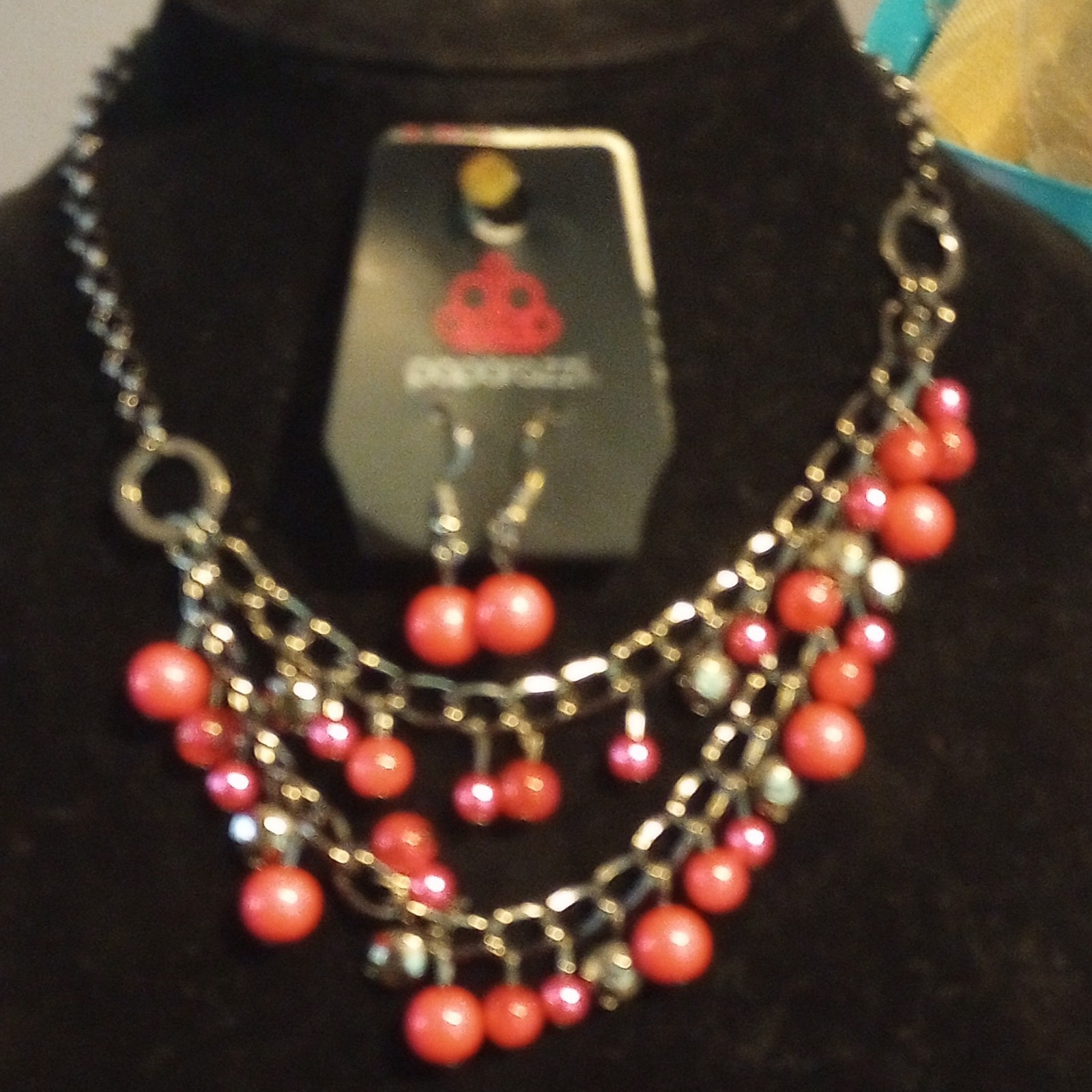 Paparazzi Silver Tone Red Round Beaded Necklace Bracelet & Earrings Set