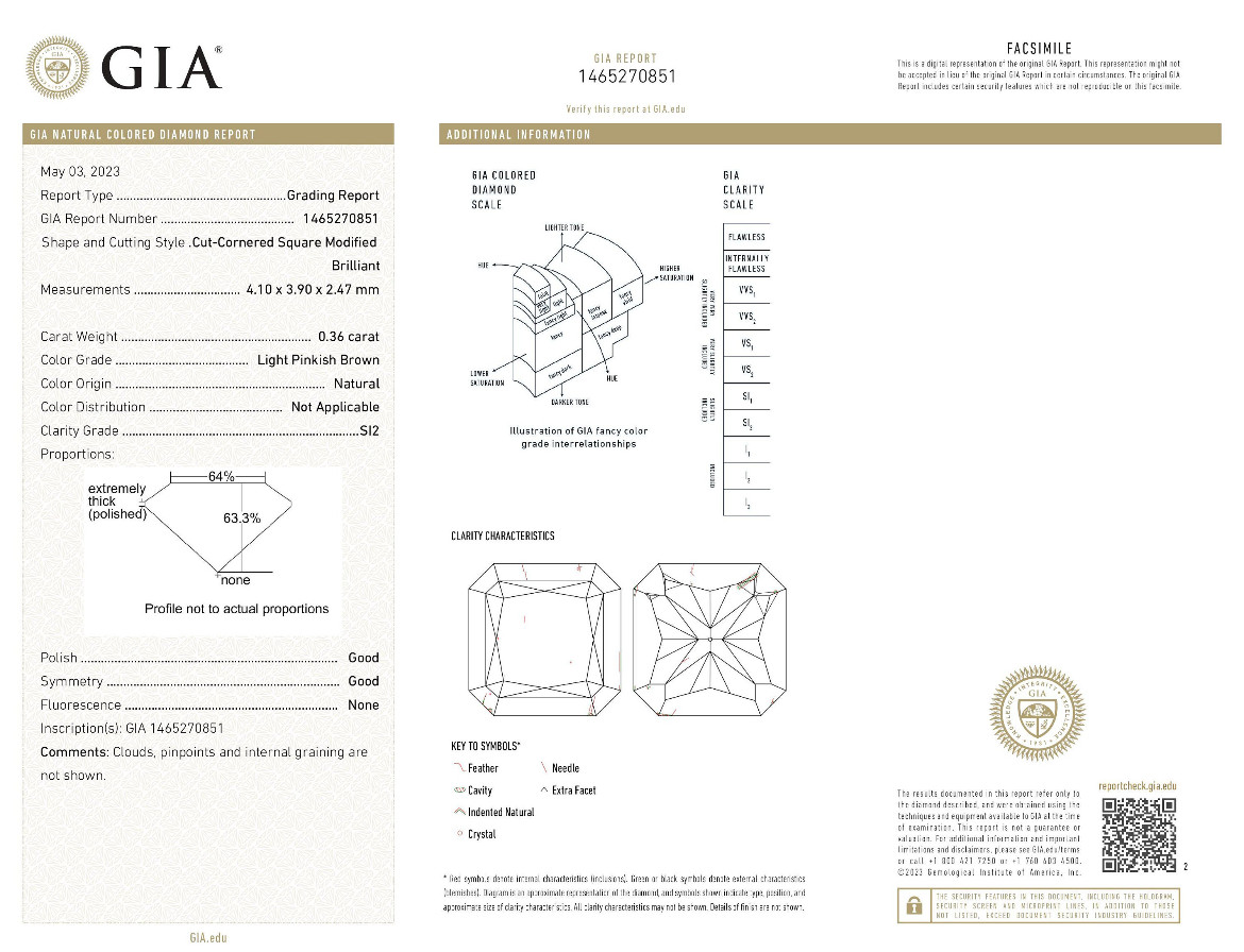 0.36ct Natural Light Pinkish Brown Cut-Cornered Square Diamond GIA Certified