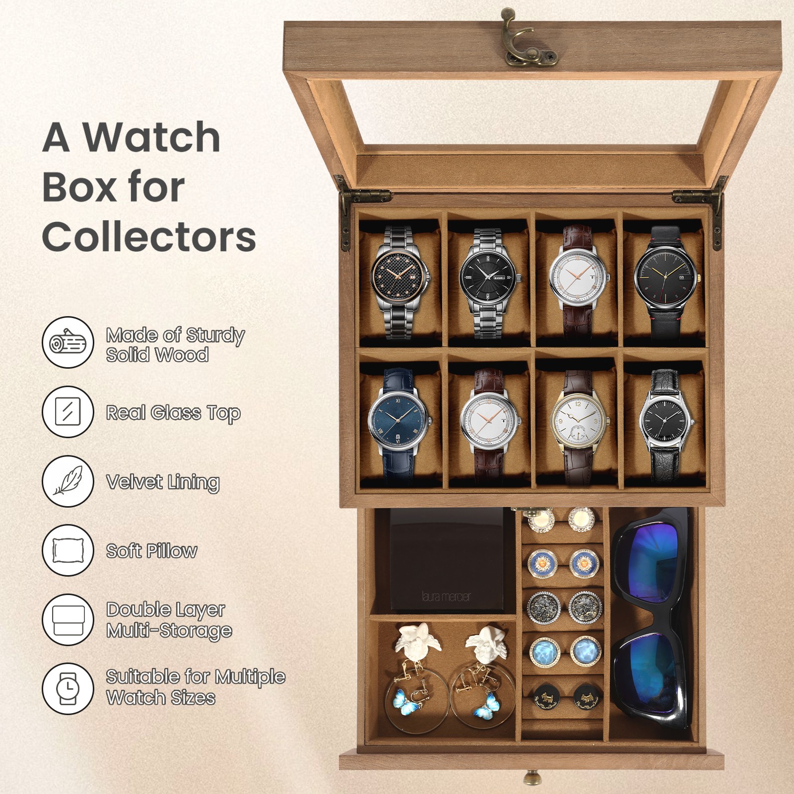 8 Slots Watch Box Solid Wood Watch Case Jewelry Storage Glass Lid Display Case